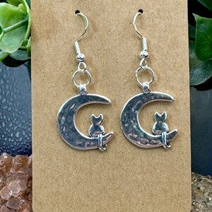 Cat on the Moon Charm Earrings, fun for Halloween!  Handmade, Brand new